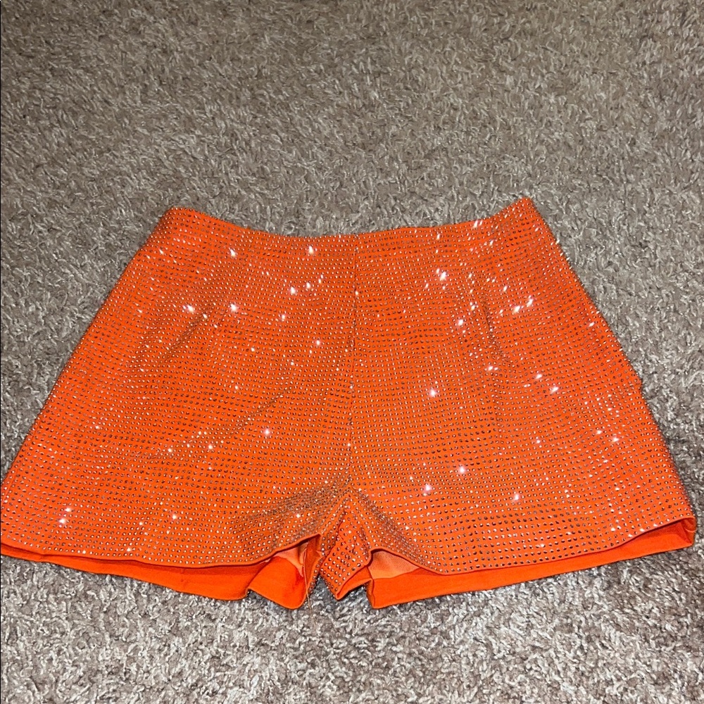 Orange Rhinestone Women Shorts